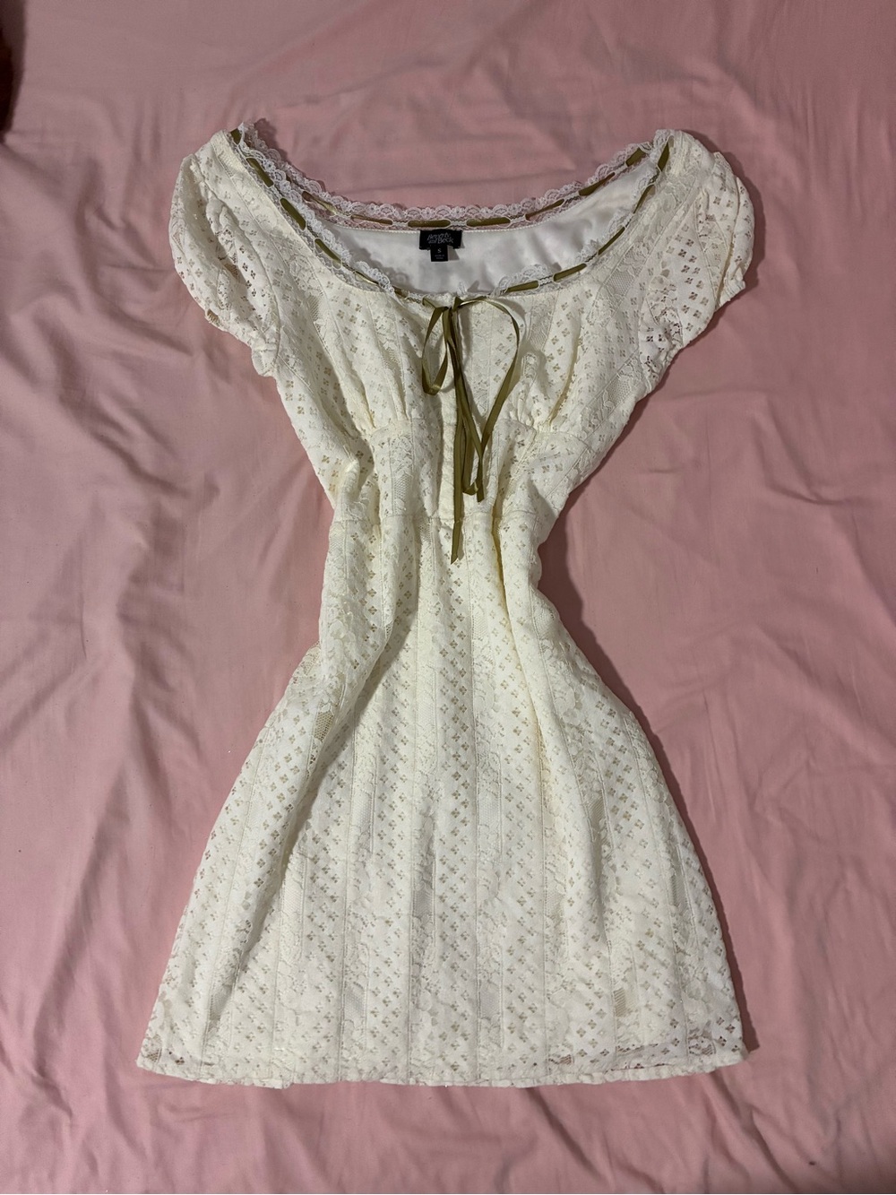 Lace Tie-Neck Mini Dress in Cream